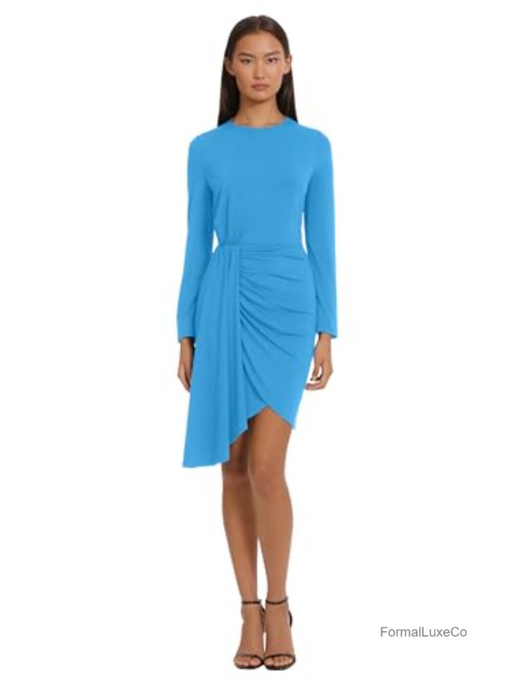Long Sleeve Side Drape Asymmetric Dress Matte Jersey Formal